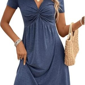 Women's Summer Dress V Neck Chic and Elegant Short Sleeve Mini Dress A-Line Casual High Waist Dresses for Party Christmas Wedding